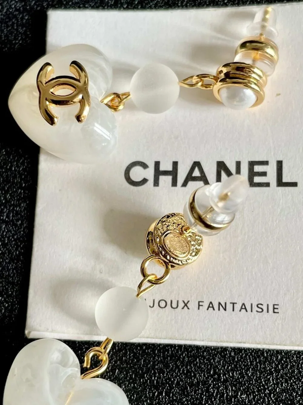 Chanel White Frosted Heart CC Pearl Chain Drop Dangle Earrings Pair Designer Pie